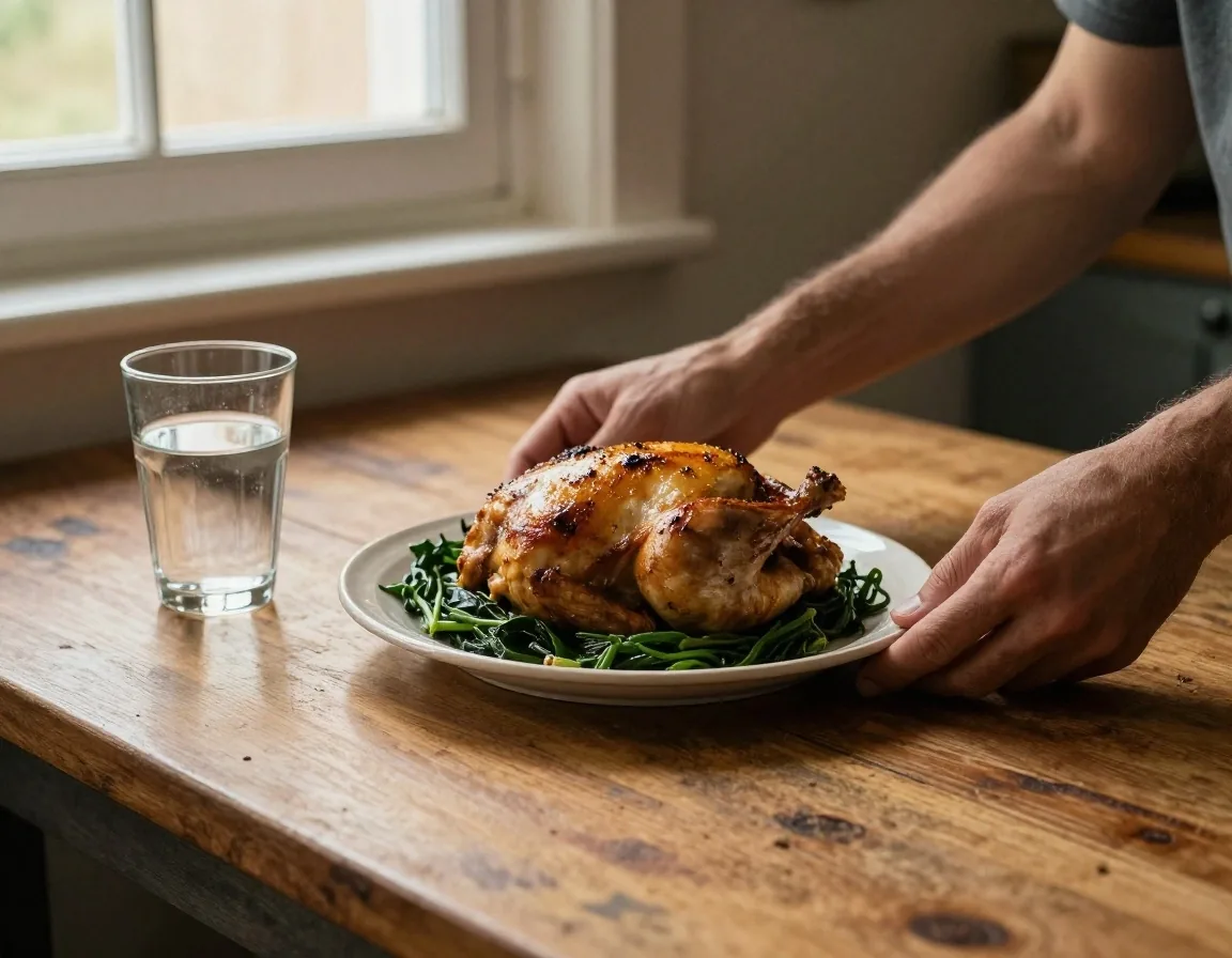 Mains d'un homme tenant un journal nutritionnel sur une table de cuisine