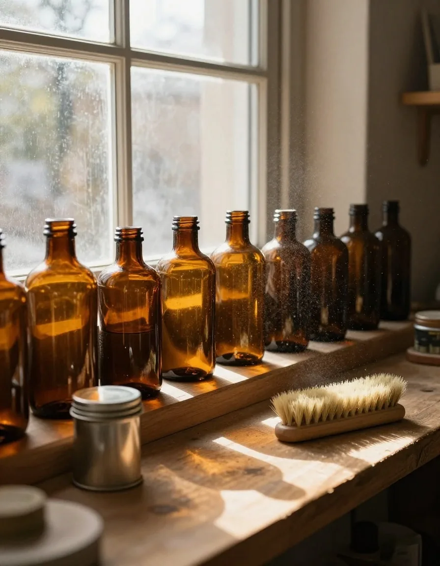 Bouteilles de compléments sur une étagère d'atelier en bois