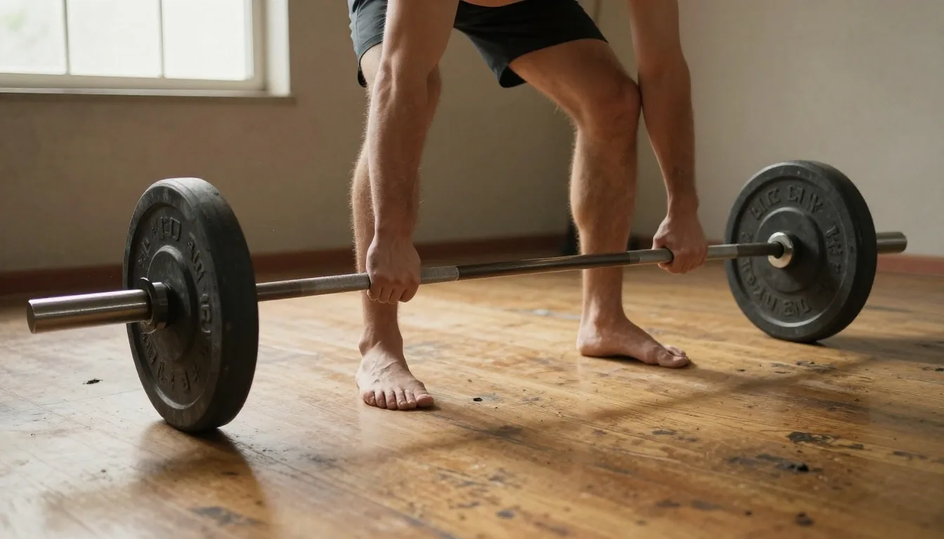 Barbell sur un plateau d'entraînement bois, lumière de fin d'après-midi