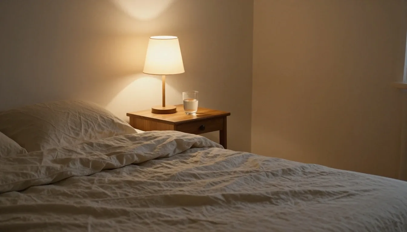 Chambre calme au soir, lumière douce de lampe sur table de chevet