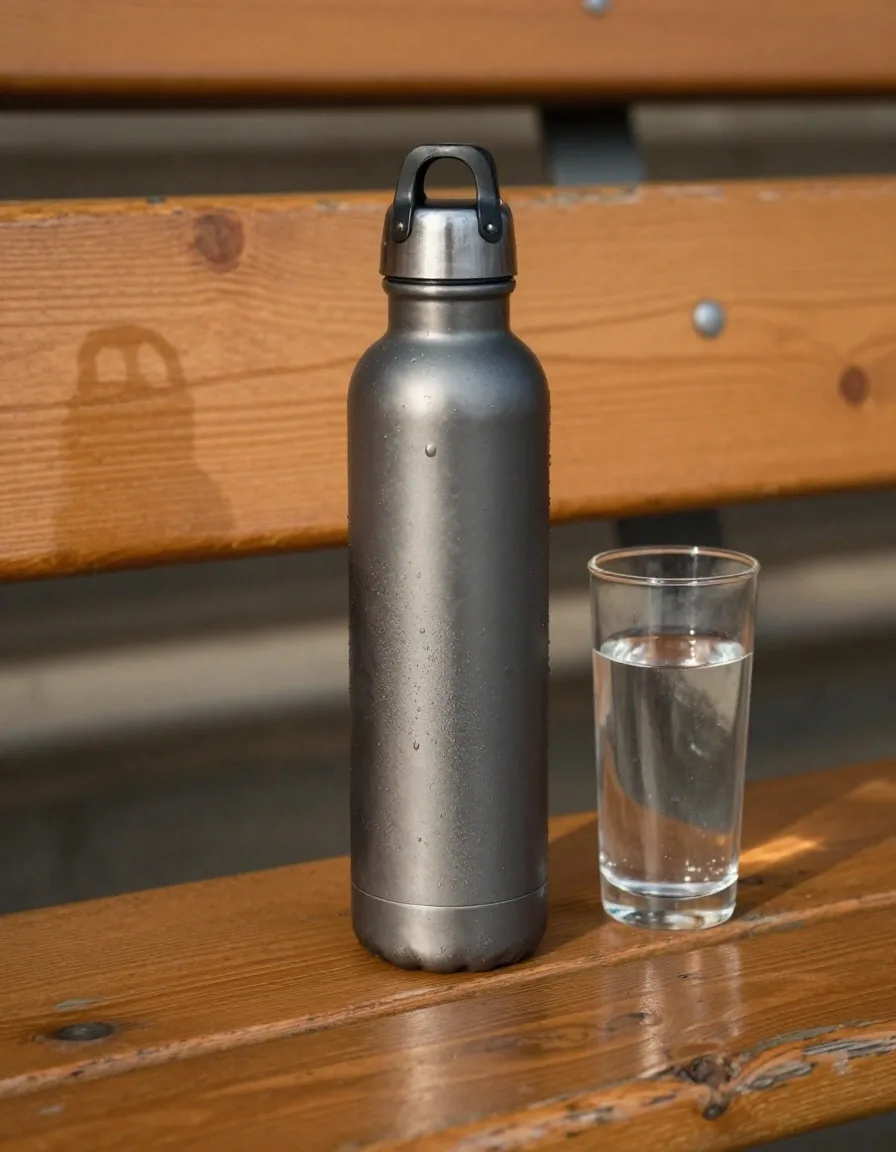 Gourde métallique et verre d'eau sur un banc bois, lumière chaude d'après-midi