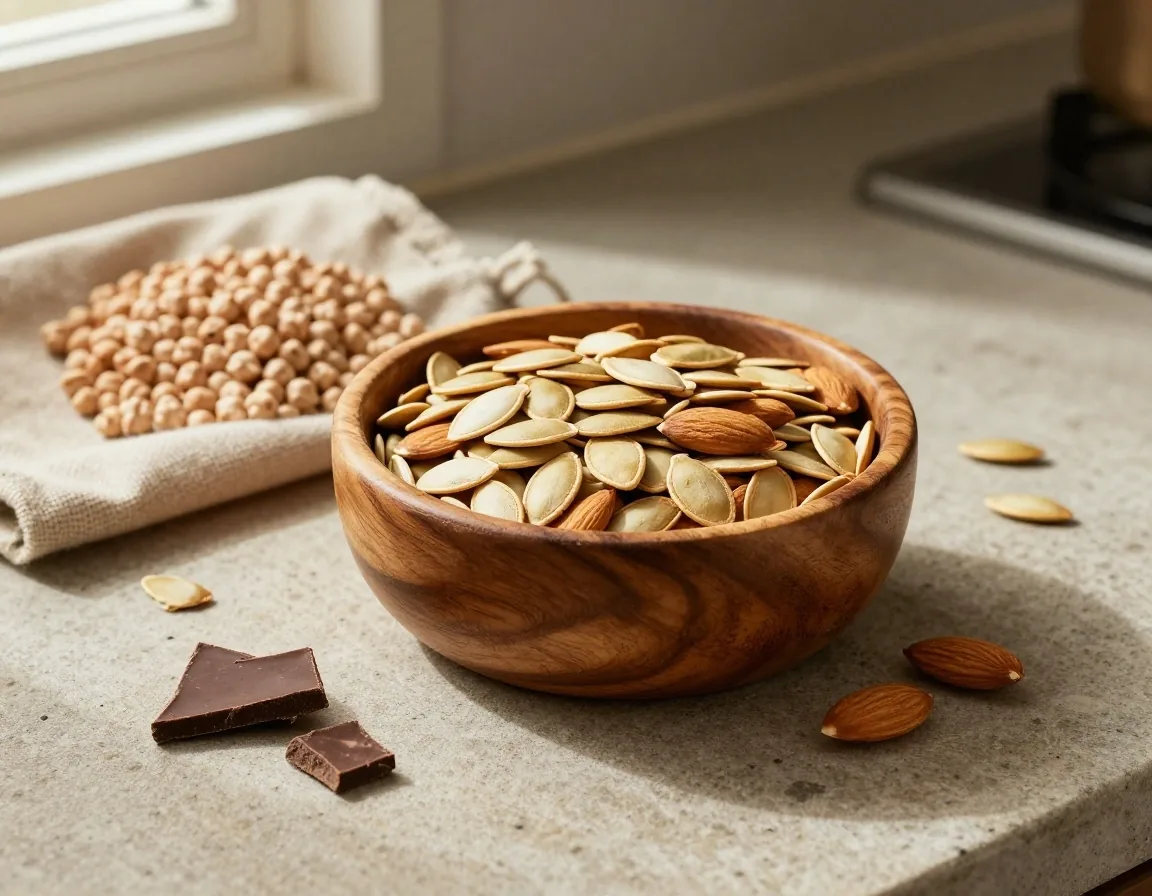 Amandes, graines de courge et légumineuses sur papier mat
