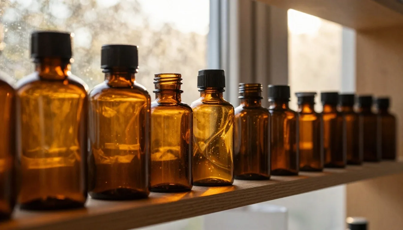 Étagère d'atelier avec flacons de compléments alimentaires sous lumière dorée
