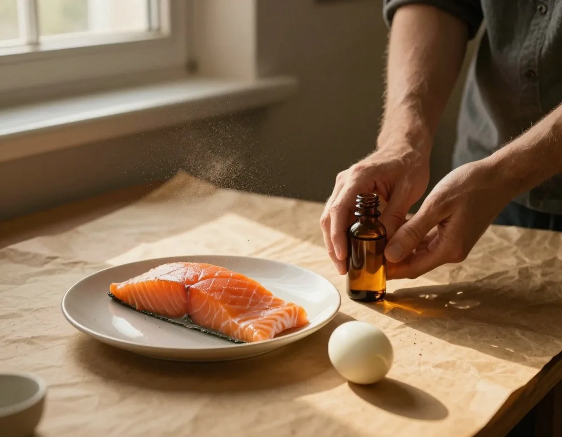Flacon de vitamine D, saumon et œuf sur papier mat