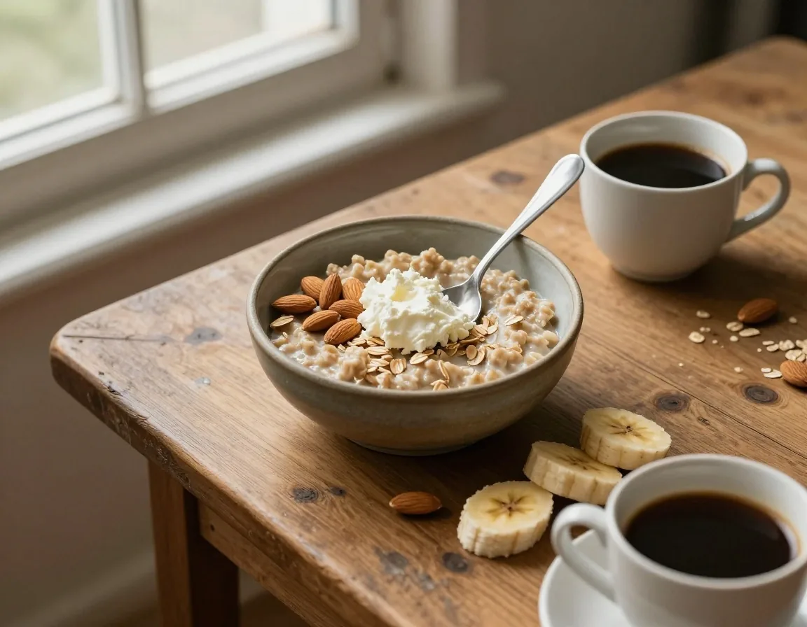 Petit-déjeuner équilibré avec flocons d'avoine, fromage blanc et amandes