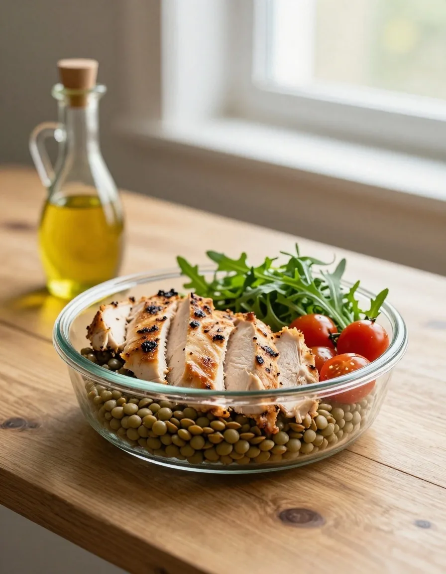 Plateau-repas préparé à la maison avec poulet grillé et lentilles
