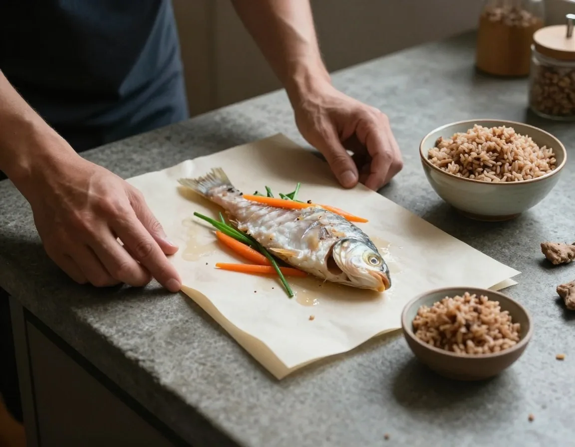 Poisson en papillote avec légumes et riz complet