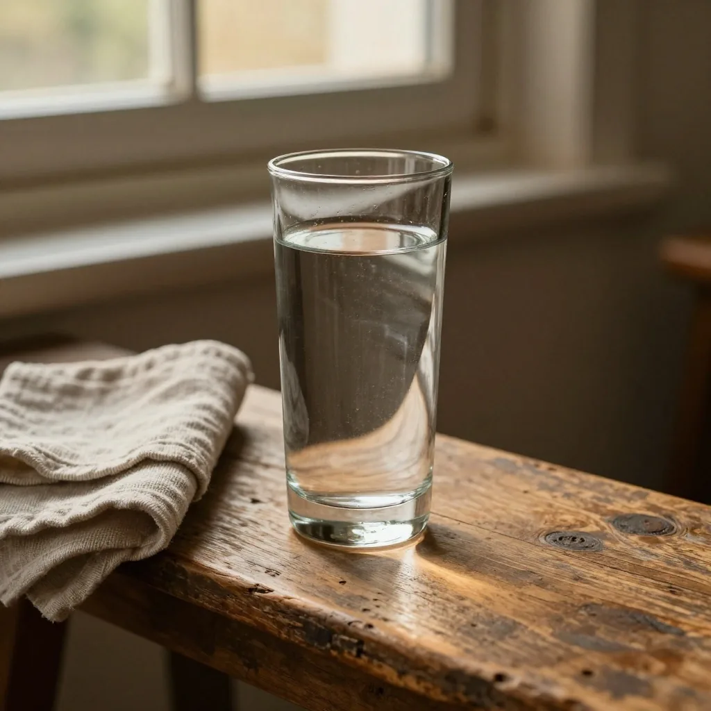 Verre d'eau plate sur un comptoir en bois